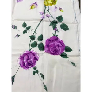 VTG white scarf, purple green floral print. 31" square. area of color transfer thumbnail 2