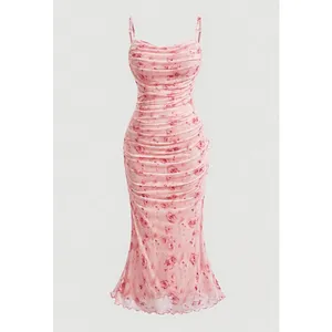 NEW Shein Pink Floral Ruched Sleeveless Cami Camisole Tank Midi Bodycon Dress M thumbnail 3