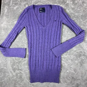 Y2K American Eagle V Neck Fitted Cable Knit Sweater Women Medium Purple Preppy thumbnail 8