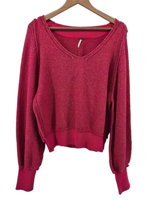 Free People Sweater Womens L Pink Moonbeam Pullover V-Neck Balloon Sleeve Knit‎ thumbnail 1