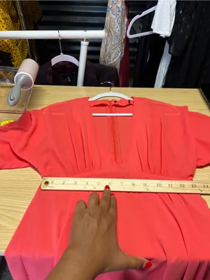 Coral Pink Chiffon Deep V Back‎ Fit & Flare Dress Women’s Size 4 26” Waist thumbnail 11