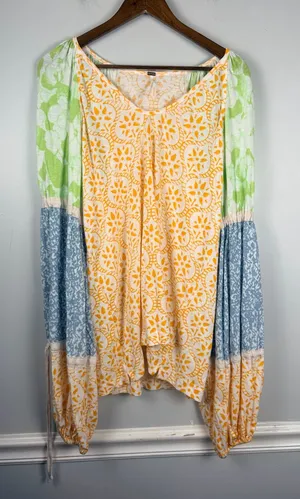 Free people multicolor pattern linen blend drawstring sleeve top size large thumbnail 1