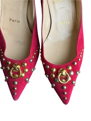 Christian Louboutin - Pink Suede Studded Pointed Toe Kitten Heel Pumps Sz 37 thumbnail 3