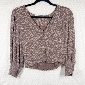Abercrombie &‎ Fitch Brown White Floral Button Up Puff Sleeve Cropped Top thumbnail 2