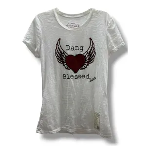 Dang Chicks Dang Blessed Chick White Slub Knit Heart Wings Graphic Tee Large NEW thumbnail 3