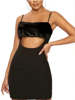 Naked Wardrobe Black Faux Fur Trim Mini Dress Sexy Date Night Club Prom Party M thumbnail 1