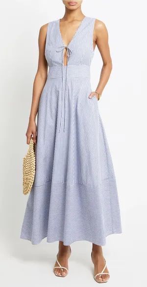 NWT KOURT Blue Stripe Coralie Cotton Dress size 6 blue white stripe midi tie thumbnail 1
