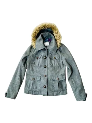 Vintage Y2K dELiA*s Grey Wool-Blend Peacoat with Removable Faux Fur Hood Medium thumbnail 2