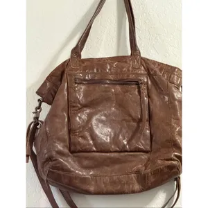 Vintage FRYE brown crinkled leather tote bag with shoulder strap 16x12 thumbnail 2