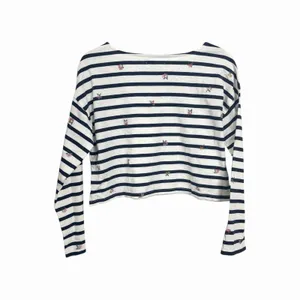 Madewell Sz S Navy Blue White Striped Cropped Top Cross Stitch Long Sleeve NWT thumbnail 7