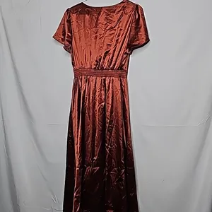 NWOT Baltic Born Poppy Satin bronze brown knot tie front flowy midi dress sz S thumbnail 6