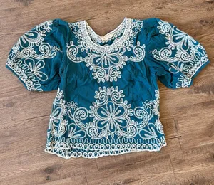 Solitaire |Teal Blouse with White Embroidery sz Medium thumbnail 1