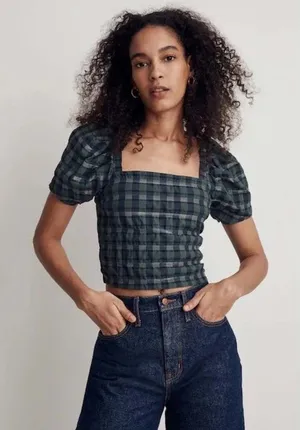 Madewell Hopewell Plaid Puff Sleeve Crop Top Smocked Square Neck Blouse Forest M thumbnail 1