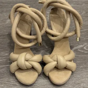 Alexandre Birman Puffy Knot Beige Leather Suede Block Heel Ankle Tie Sandals‎ 7 thumbnail 2