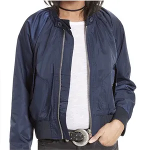 Free People Midnight Bomber Jacket Full Zip Sateen Navy Blue size Small thumbnail 1
