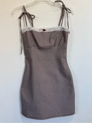 Windsor Plaid Mini Dress S Coquette Lace Rosette Bow Tie Straps Romantic Y2k thumbnail 4