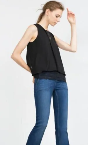 Zara Women's Size XS Sleeveless Blouse Black‎ V-Neck Lace Underlay Cape Back thumbnail 1