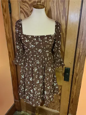 Blue Rain Floral Babydoll Mini Dress Medium Cottagecore Brown Sheer Sleeve thumbnail 5