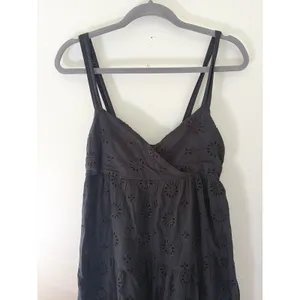 Zara Black Cotton Eyelet Embroidery Tiered Midi Dress Small Smocked Back Strappy thumbnail 9