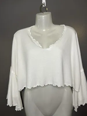 Altar'd State Blouse Womens XS White Ruffle Lettuce Hem Bell Sleeve Crop Top thumbnail 2