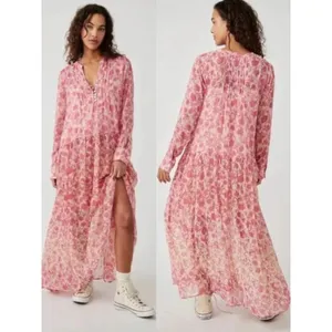 Free People Dainty Ethereal See It Through Maxi Dress Pink Rose Floral Medium thumbnail 9