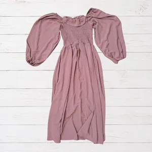 Joyfolie Boho Odette Dress Mauve High Low Maxi Smocked Ruffle Off Shoulder L thumbnail 3