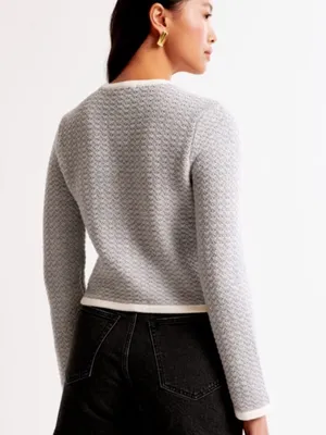 Abercrombie & Fitch Light Blue Textured Crewneck Cardigan with Cream Trim thumbnail 3