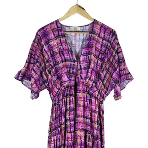 Entro Abstract Plaid Tiered Maxi Dress Purple Boho Flutter Sleeve Size S thumbnail 2