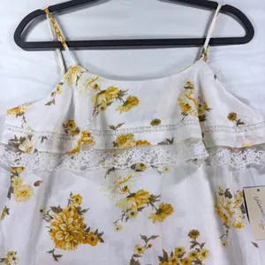 Universal Thread Floral Linen Blend‎ Lace Trim Mini Dress XS Yellow White Boho thumbnail 5