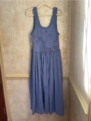 Free People Pearl Floral Maxi Dress Periwinkle Blue Cotton Crochet Knit Sz Small thumbnail 5