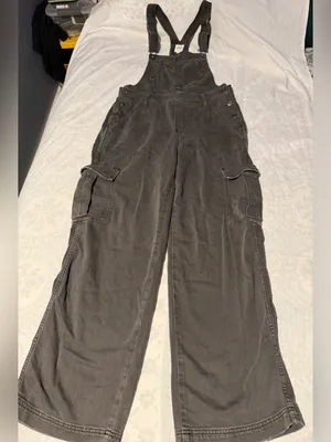 aerie baggy gray Cargo Denim Overalls wide leg size M thumbnail 3