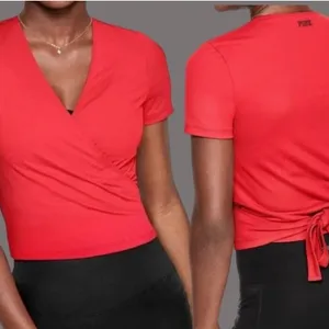 PINK Victoria's Secret Vivid Red Short Sleeve Wrap Top thumbnail 9