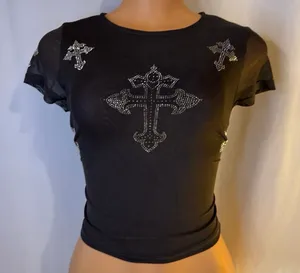 Mesh rhinestone cross top Black thumbnail 1