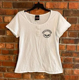 Harley Davidson womens logo bling skull henley short sleeve t-shirt white large thumbnail 1