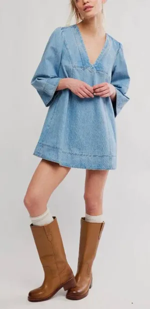 FREE PEOPLE NWT Goldie Balloon Sleeve Denim Mini Dress / Celestial Blue XS thumbnail 1