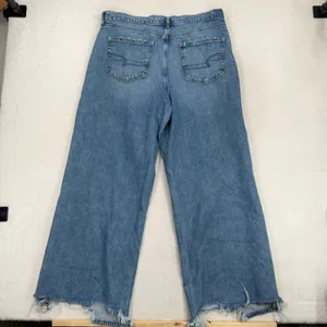 American Eagle 16 Jeans Super High Rise Baggy Wide Leg Raw Hem Blue Denim Grunge thumbnail 13