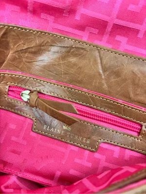Elaine Turner Tan Brown Leather Clutch with Bamboo Accent thumbnail 3