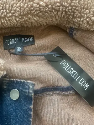 Dolls Kill Blue Denim Bomber Jacket with Tan Sherpa Collar thumbnail 5