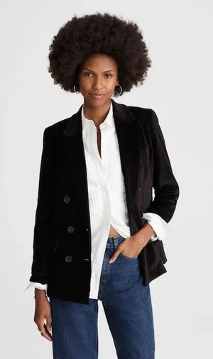 Madewell Peak-Lapel Double-Breasted Blazer in Velvet Classic Black XXS NWT thumbnail 1