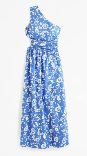 Abercrombie and Fitch Blue and White Floral One-Shoulder Cutout Maxi Dress thumbnail 1