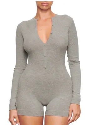 Skims Soft Lounge Button Up Henley Long Sleeve Romper Size Medium Grey thumbnail 1