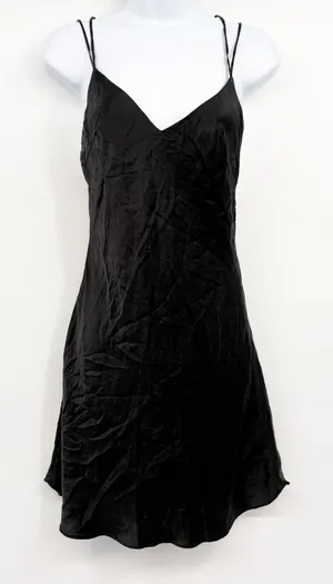 Womens Y2K Black 100% Silk Strappy Back Whimsigoth LBD Minimalist Slip Dress M thumbnail 1
