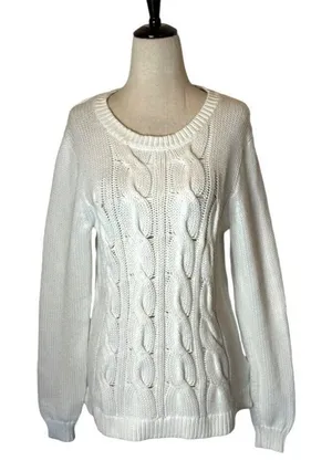 J Crew Sweater Women‎ Small White Cotton Crew Neck Cable Knit Pullover Preppy thumbnail 1