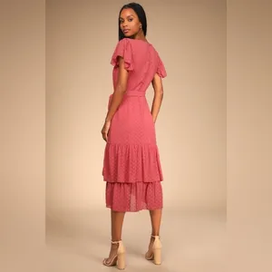 Lulus Have Harmony Swiss Dot Ruffled Faux Wrap Midi Dress in Mauve Size Medium‎ thumbnail 3
