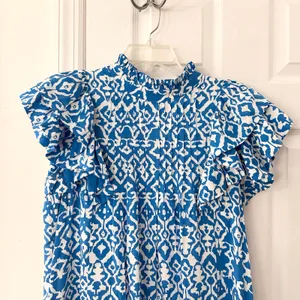 Tuckernuck Hyacinth House Blue White Simmons Ruffle Sleeve High Neck Mini Dress thumbnail 3