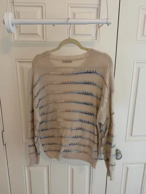 Cream & Blue Striped Knit Sweater | Cozy Textured Pullover thumbnail 2