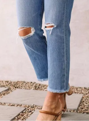 Levi’s Wedgie Straight Jeans Women’s 26 Button Fly Frayed Hem Blue Denim thumbnail 4