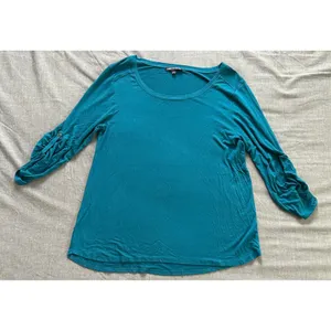 Cable & Gauge Teal Blue Ruched Button Tab Sleeve Scoop Neck Top Large thumbnail 2