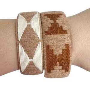 Brown & White Yarn Wrapped Aztec Native Pattern Cuff Bracelets thumbnail 3