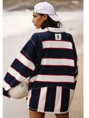 Free People Work It Out Printed Rugby Striped Pullover Sweatshirt Sz S thumbnail 2